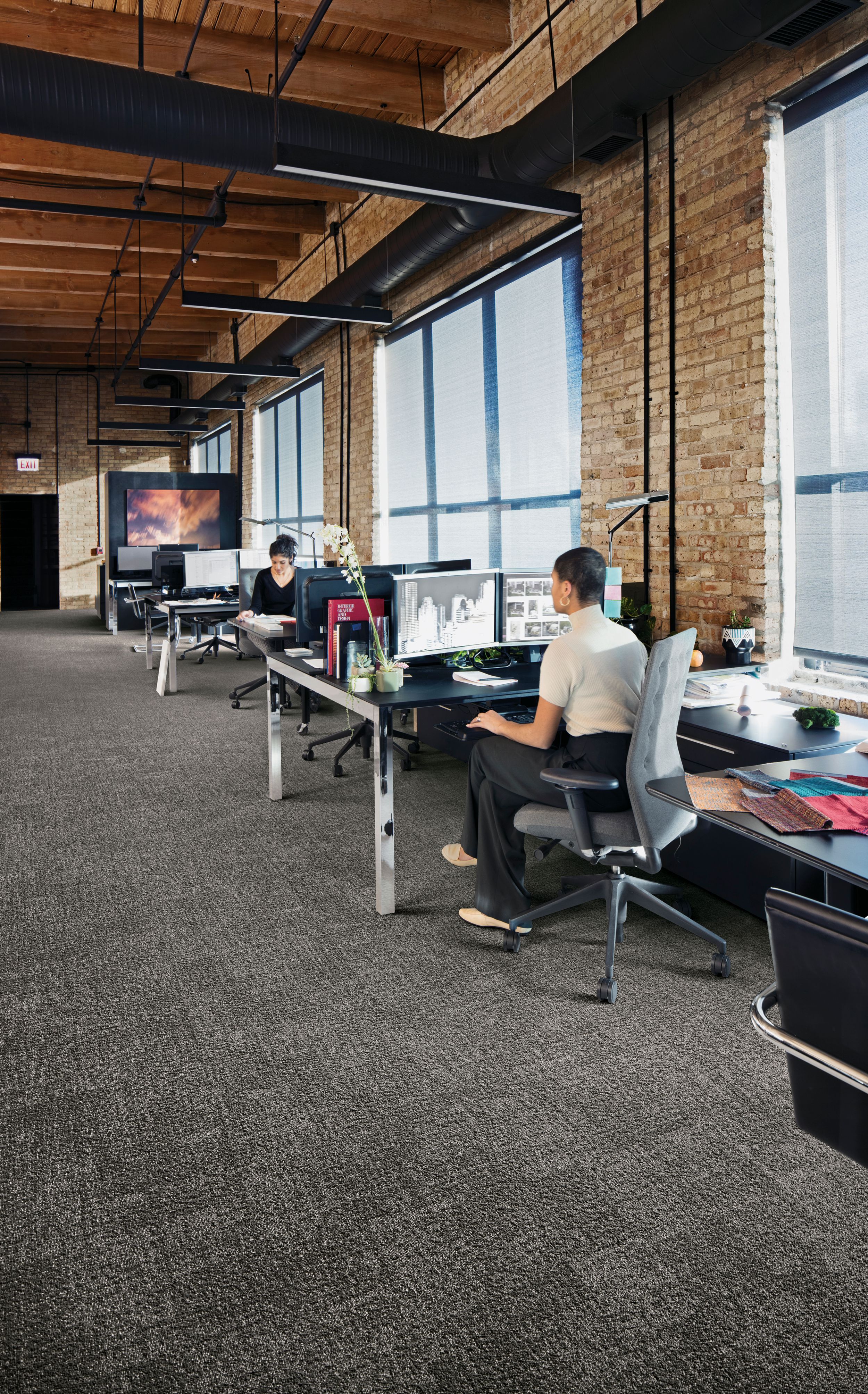 Interface Step in Time carpet tile shown with office cubicles and brick walls image number 8